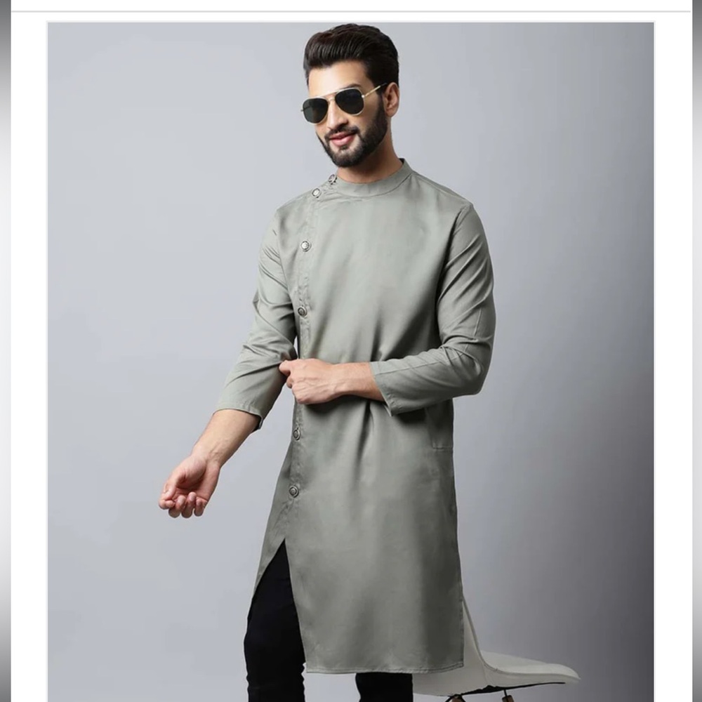 Men's Olive Green Solid Full Sleeve Long Kurta Top